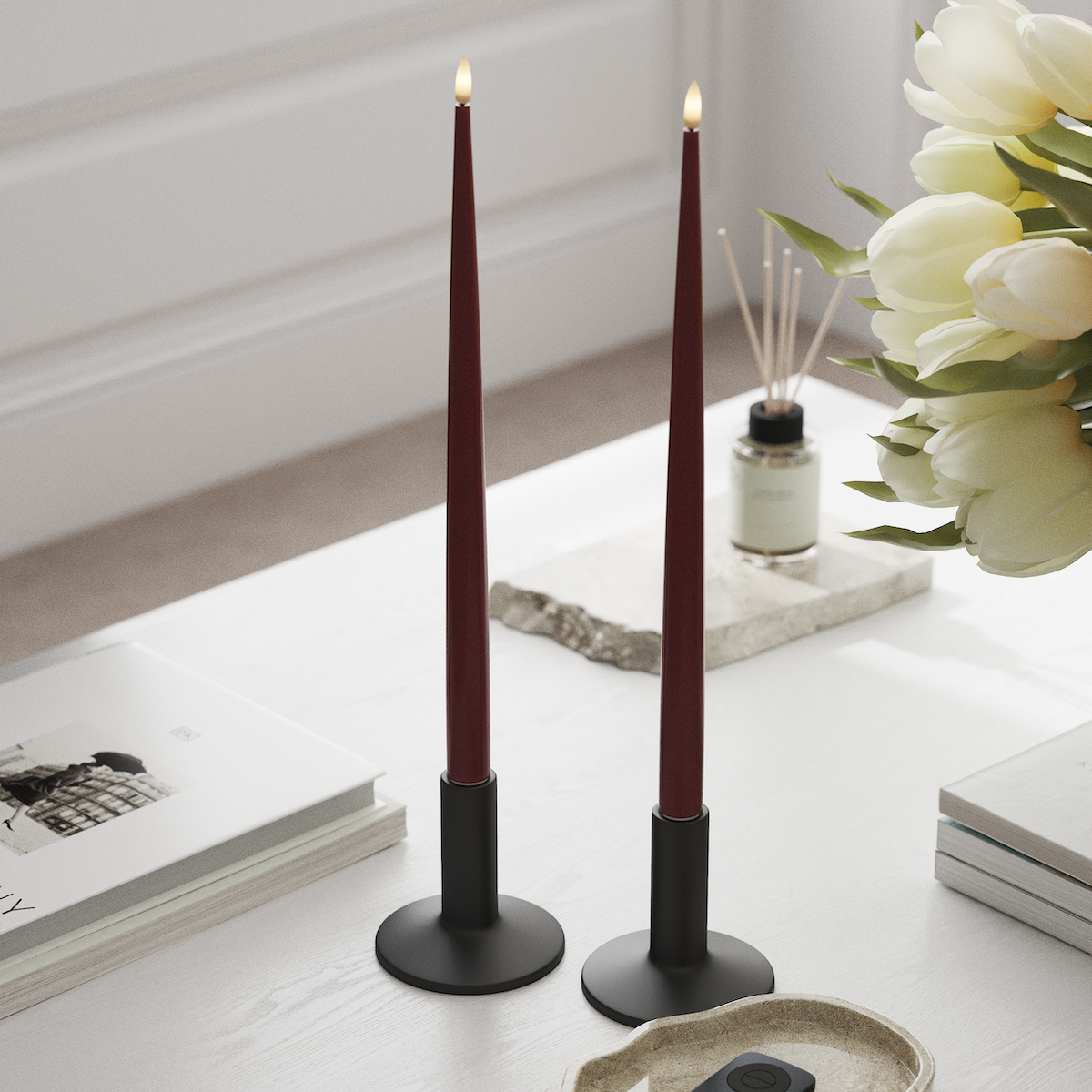 Deluxe Homeart LEDs Vela afilada com Laca, 2 peças 38 cm Bordeaux LEDs Vela afilada 1
