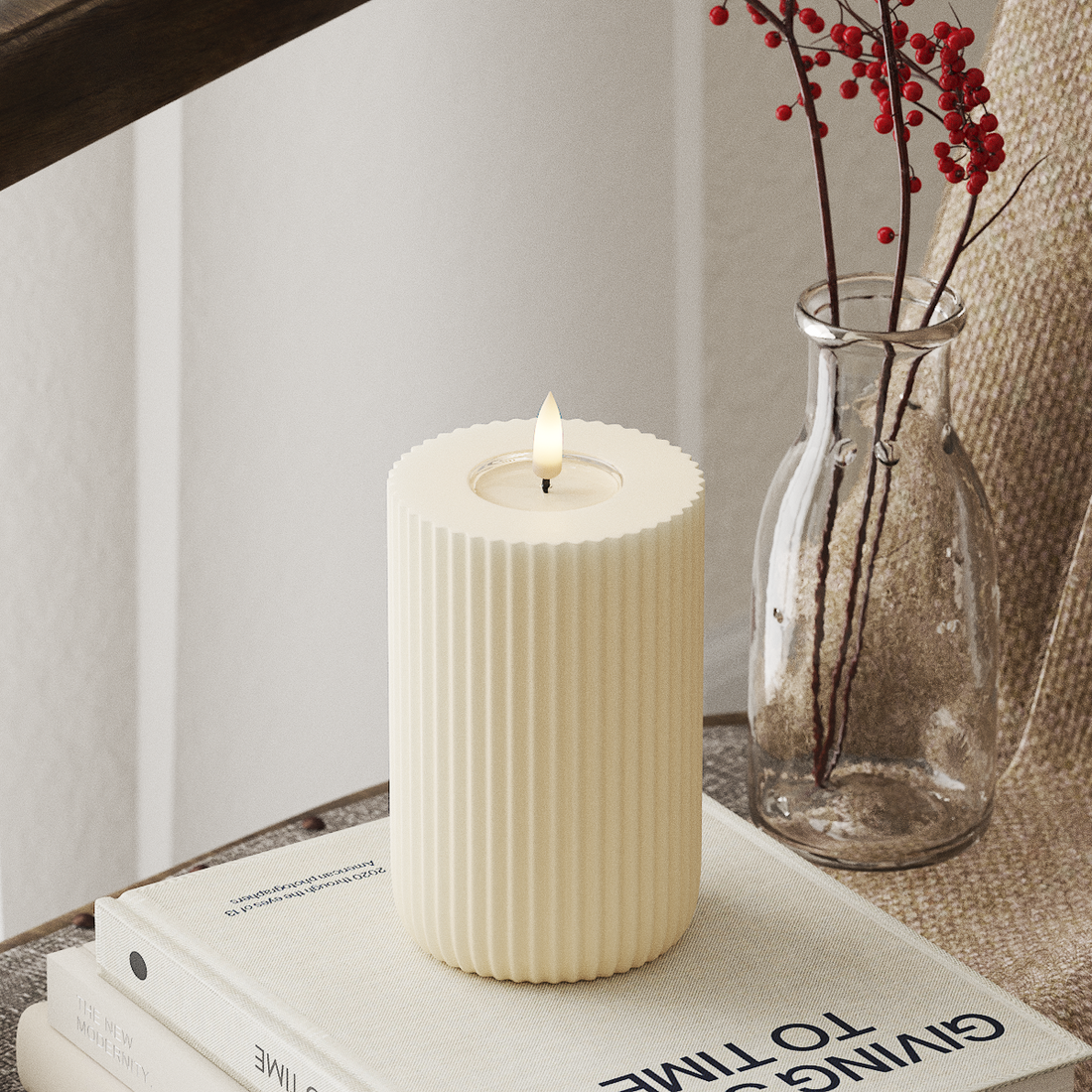 Deluxe Homeart Solid Stripe LEDs Vela pilar Ø8 X 12,5cm Creme Forma LED 4