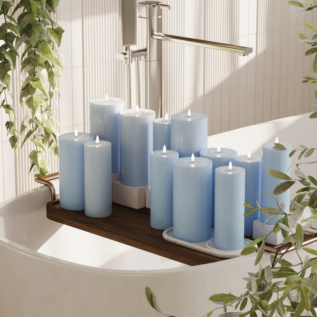 Deluxe Homeart LED bloklys pakke - Isblå - 6x 7,5 x 20 | 6x 10 x 20 cm pakke 1